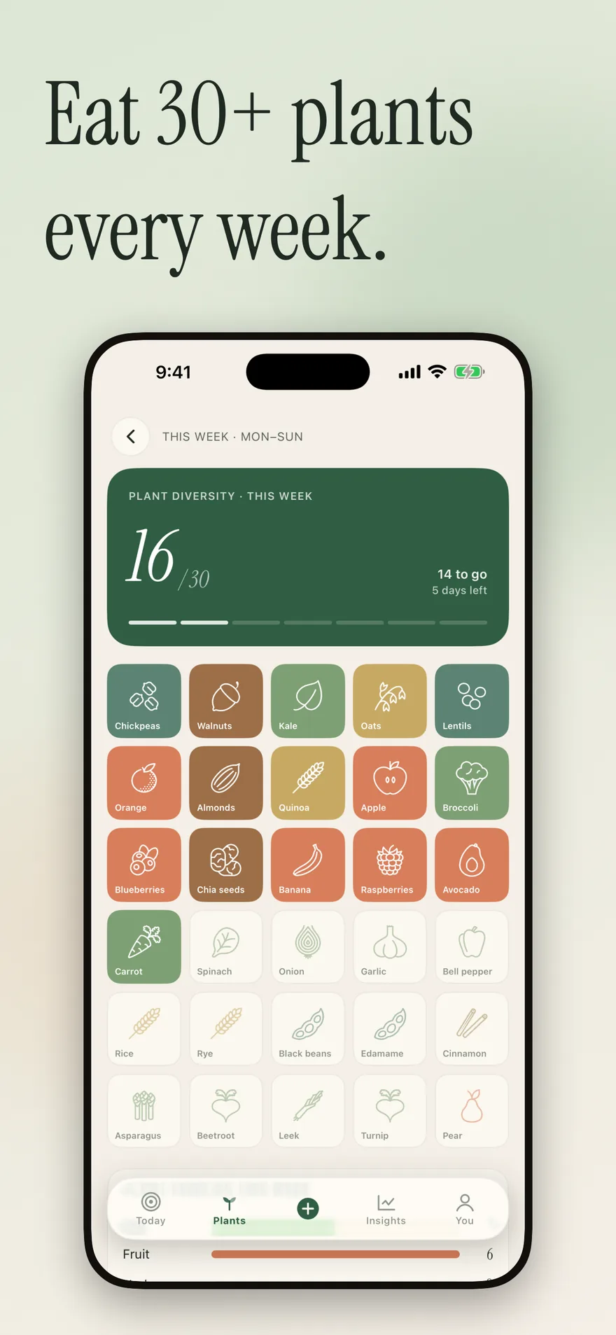 loam Plants screen tracking 16 of 30 distinct plants this week
